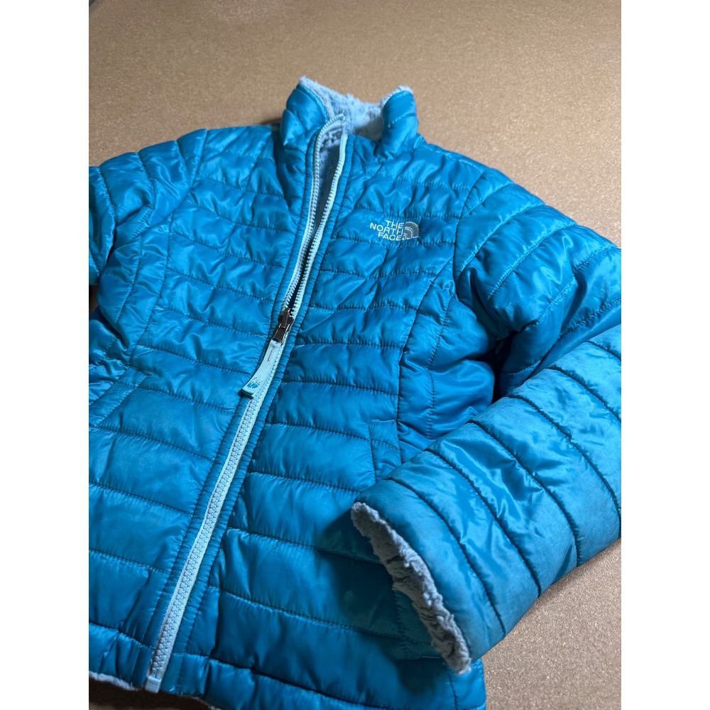 The North Face Girls Reversible Mossbud Swirl Jacket Blue Quilted Fleece‎ S 7/8